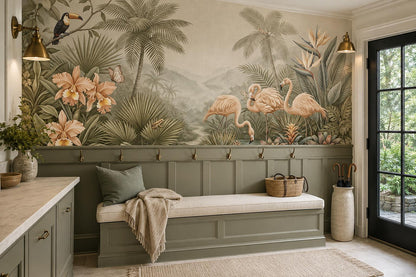 Vintage Flamingos Tropical Garden Wallpaper Mural