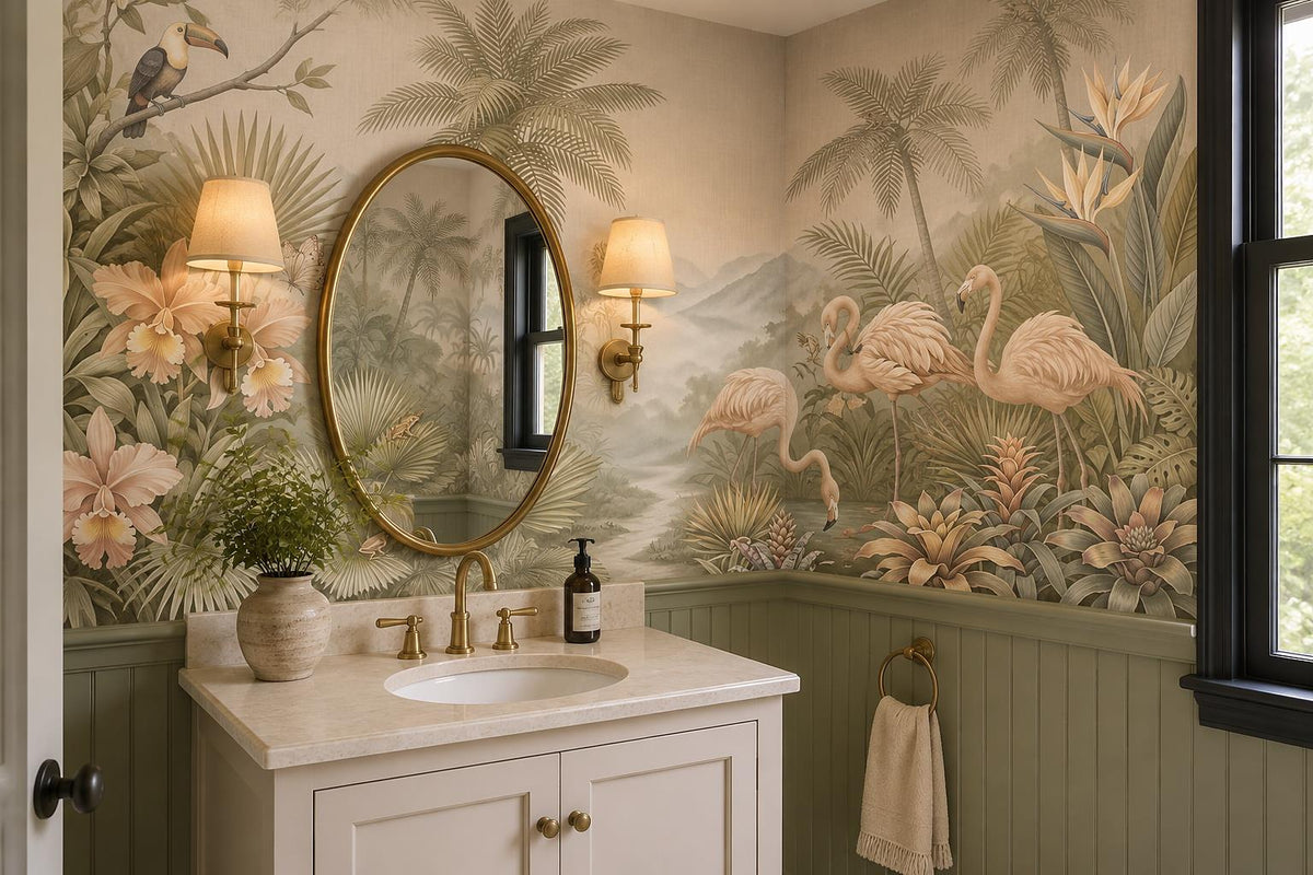 Vintage Flamingos Tropical Garden Wallpaper Mural