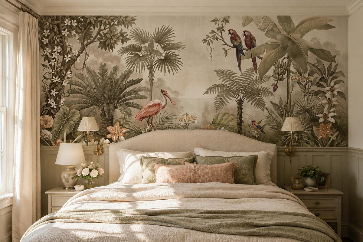 Beige Flamingos and Parrots Tropical Wallpaper Mural