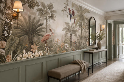 Beige Flamingos and Parrots Tropical Wallpaper Mural