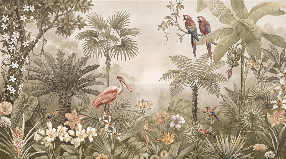 Beige Flamingos and Parrots Tropical Wallpaper Mural