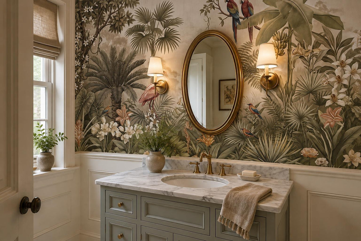 Beige Flamingos and Parrots Tropical Wallpaper Mural