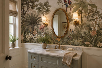 Beige Flamingos and Parrots Tropical Wallpaper Mural