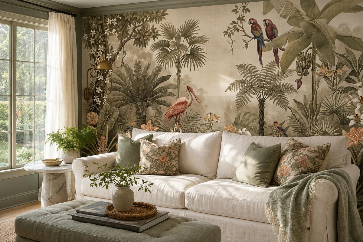 Beige Flamingos and Parrots Tropical Wallpaper Mural