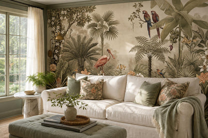 Beige Flamingos and Parrots Tropical Wallpaper Mural