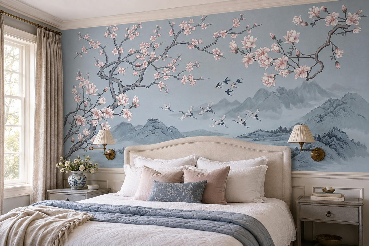 Blue Cherry Blossoms Birds Wallpaper Mural