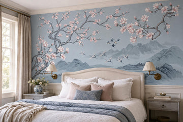 Blue Cherry Blossoms Birds Wallpaper Mural