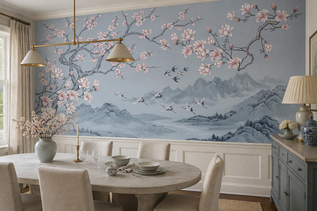 Blue Cherry Blossoms Birds Wallpaper Mural