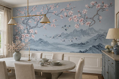 Blue Cherry Blossoms Birds Wallpaper Mural