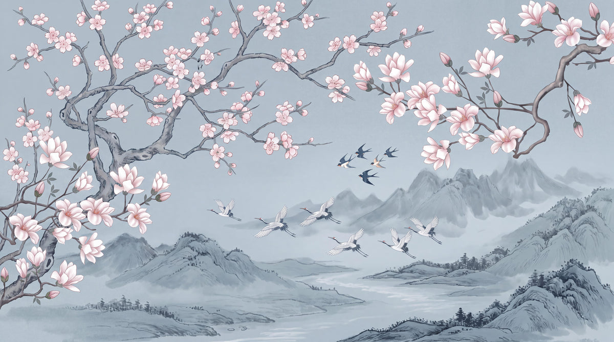 Blue Cherry Blossoms Birds Wallpaper Mural
