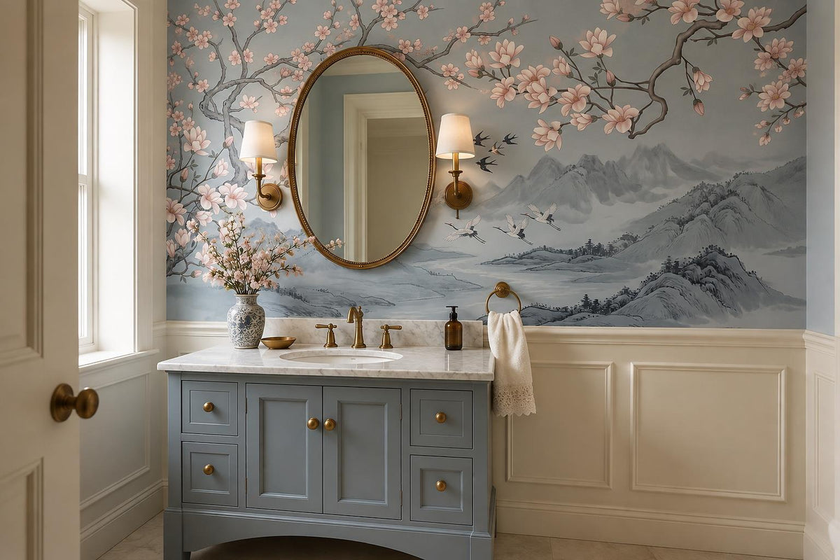 Blue Cherry Blossoms Birds Wallpaper Mural