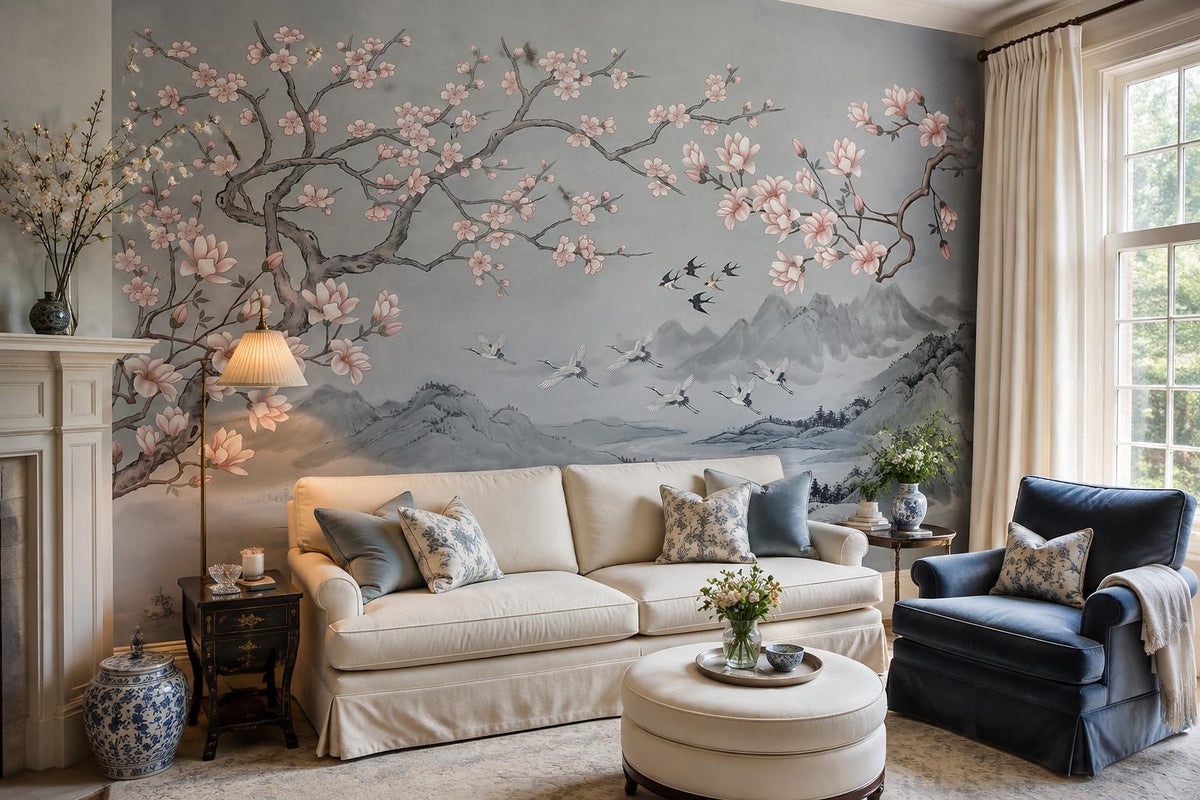 Blue Cherry Blossoms Birds Wallpaper Mural