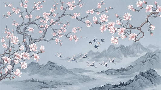 Blue Cherry Blossoms Birds Wallpaper Mural