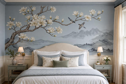 Blue Magnolia Tree and Mountains Wallpaper Mural