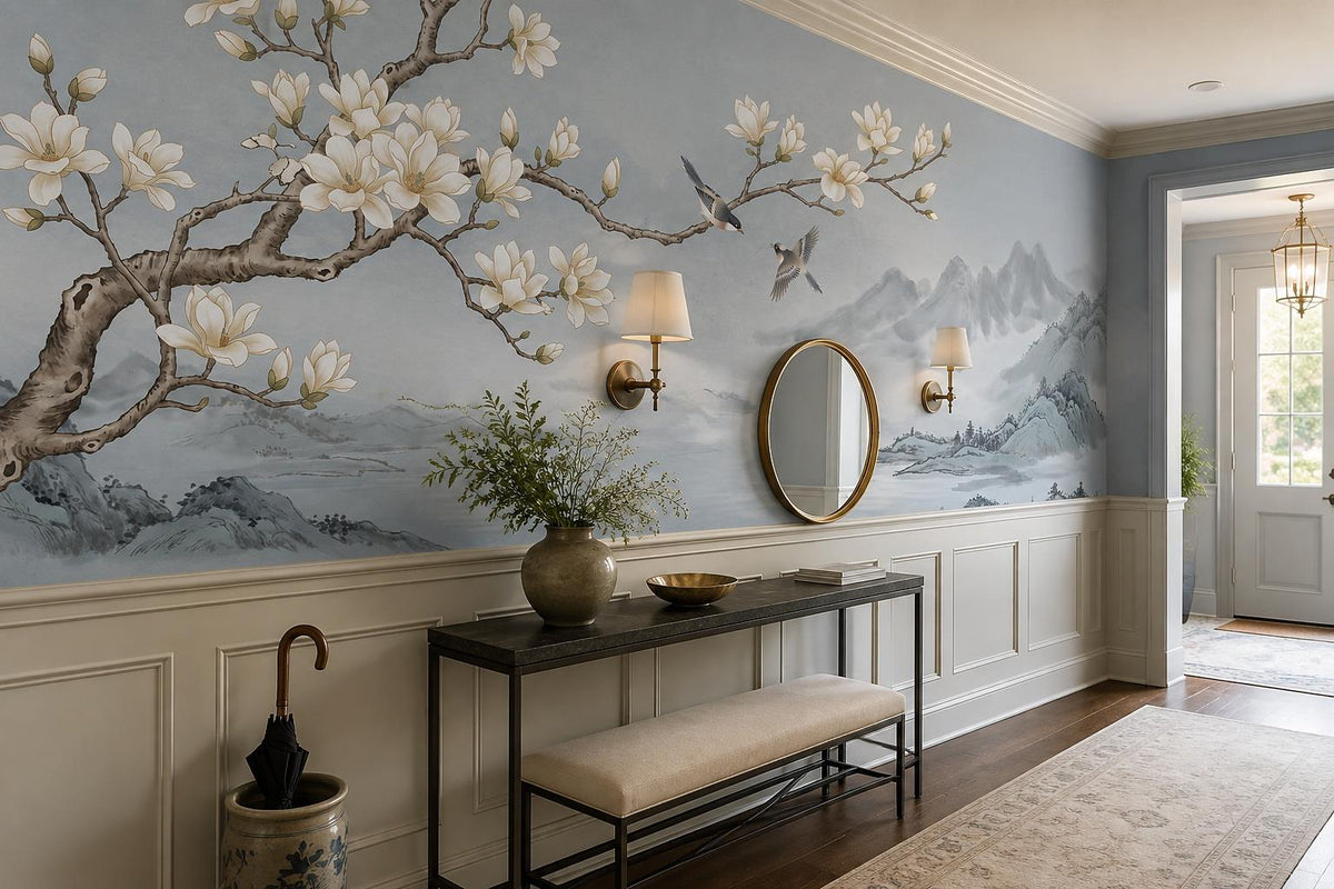 Blue Magnolia Tree and Mountains Wallpaper Mural