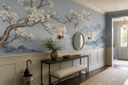 Blue Magnolia Tree and Mountains Wallpaper Mural