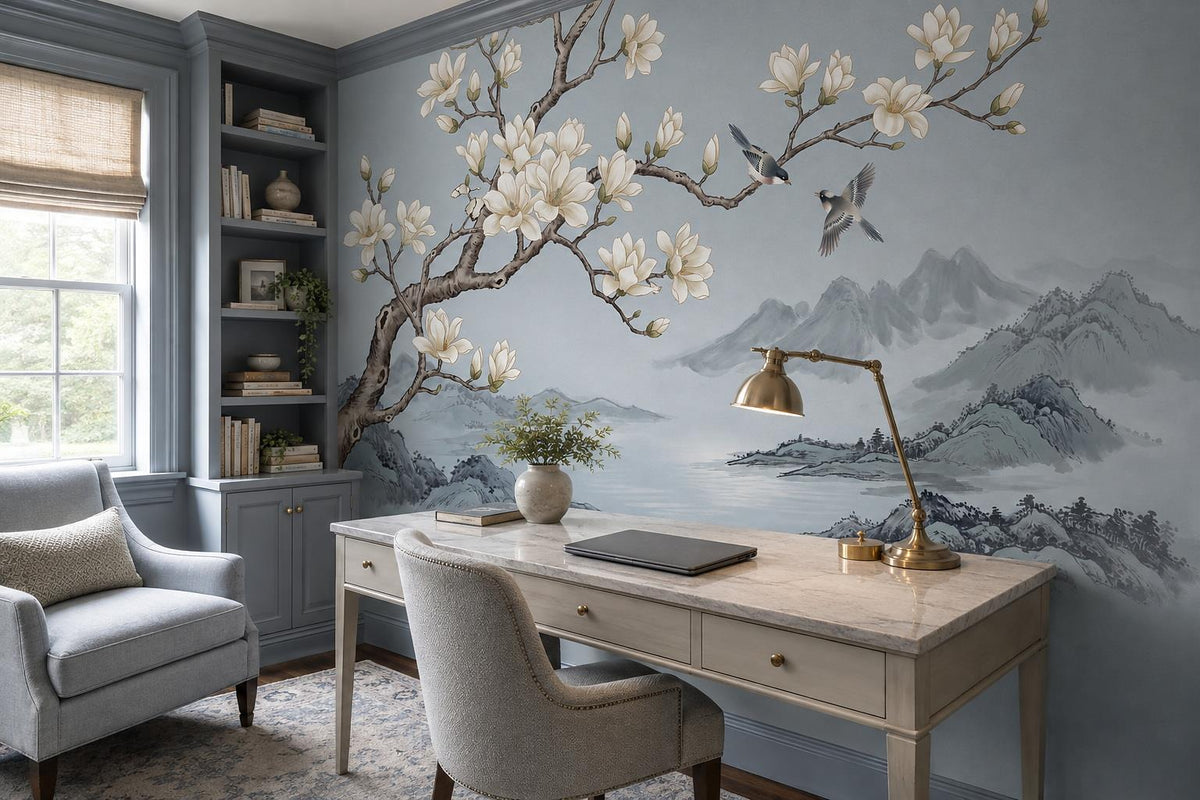Blue Magnolia Tree and Mountains Wallpaper Mural