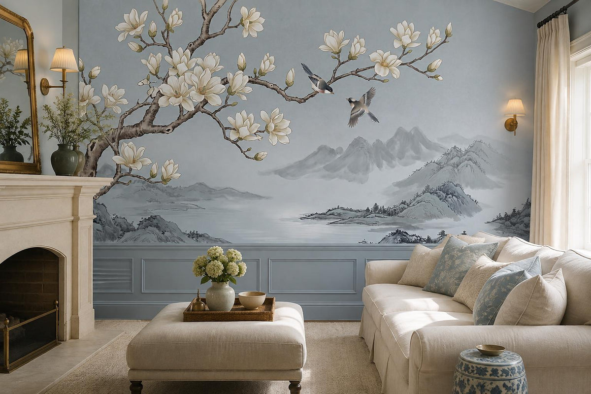 Blue Magnolia Tree and Mountains Wallpaper Mural