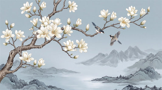 Blue Magnolia Tree and Mountains Wallpaper Mural
