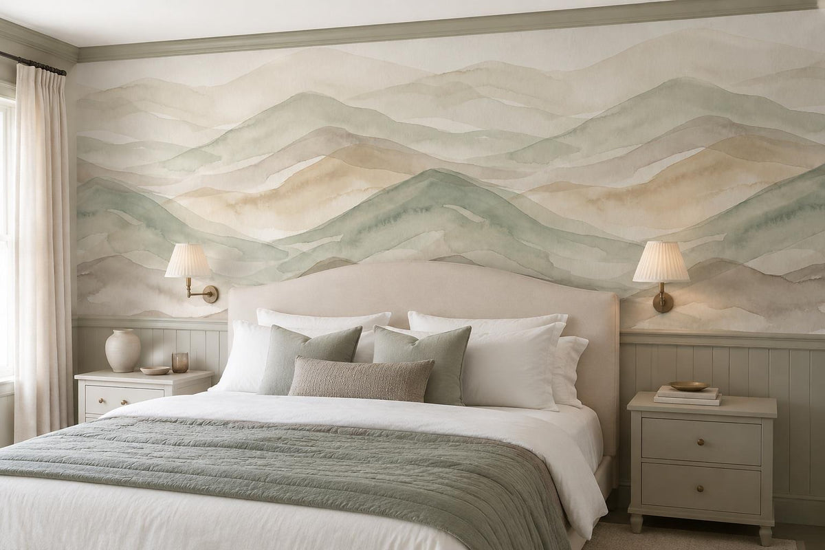 Sage Layered Green Hills Watercolor Wallpaper Mural
