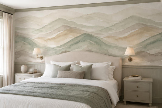 Sage Layered Green Hills Watercolor Wallpaper Mural