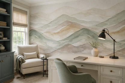 Sage Layered Green Hills Watercolor Wallpaper Mural