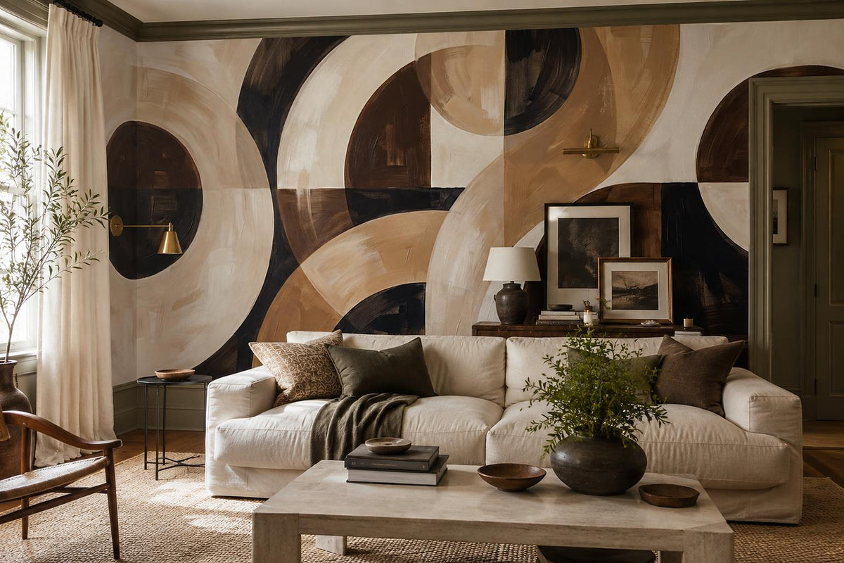 Brown Beige Overlapping Circles Abstract Wallpaper Mural