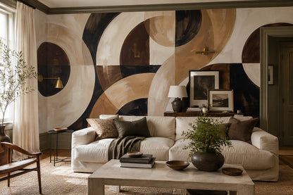 Brown Beige Overlapping Circles Abstract Wallpaper Mural