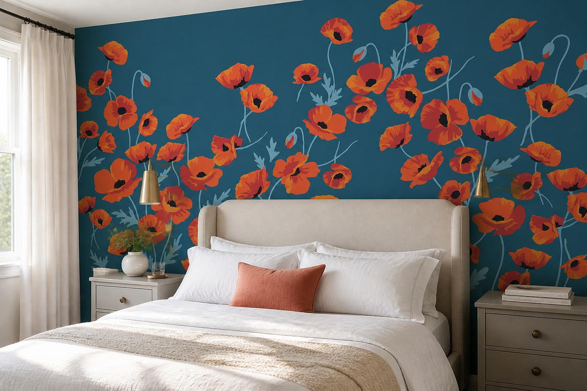 Teal Red Poppy Field Wallpaper Mural