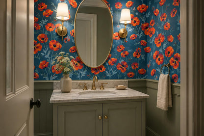 Teal Red Poppy Field Wallpaper Mural