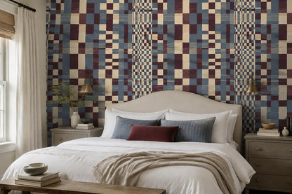 Navy Burgundy Patchwork Geometric Wallpaper Mural