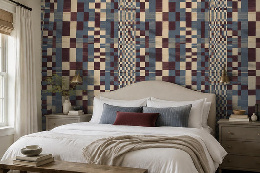Navy Burgundy Patchwork Geometric Wallpaper Mural