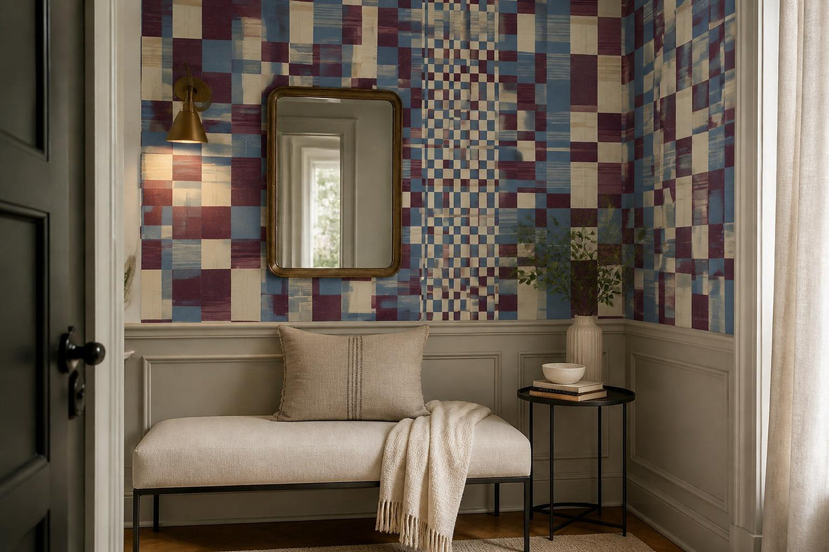 Navy Burgundy Patchwork Geometric Wallpaper Mural