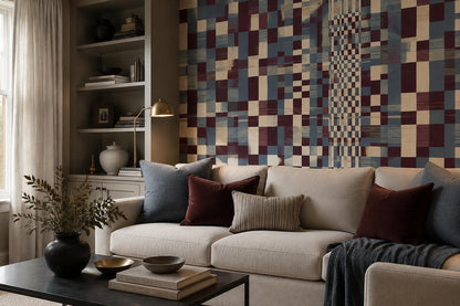 Navy Burgundy Patchwork Geometric Wallpaper Mural