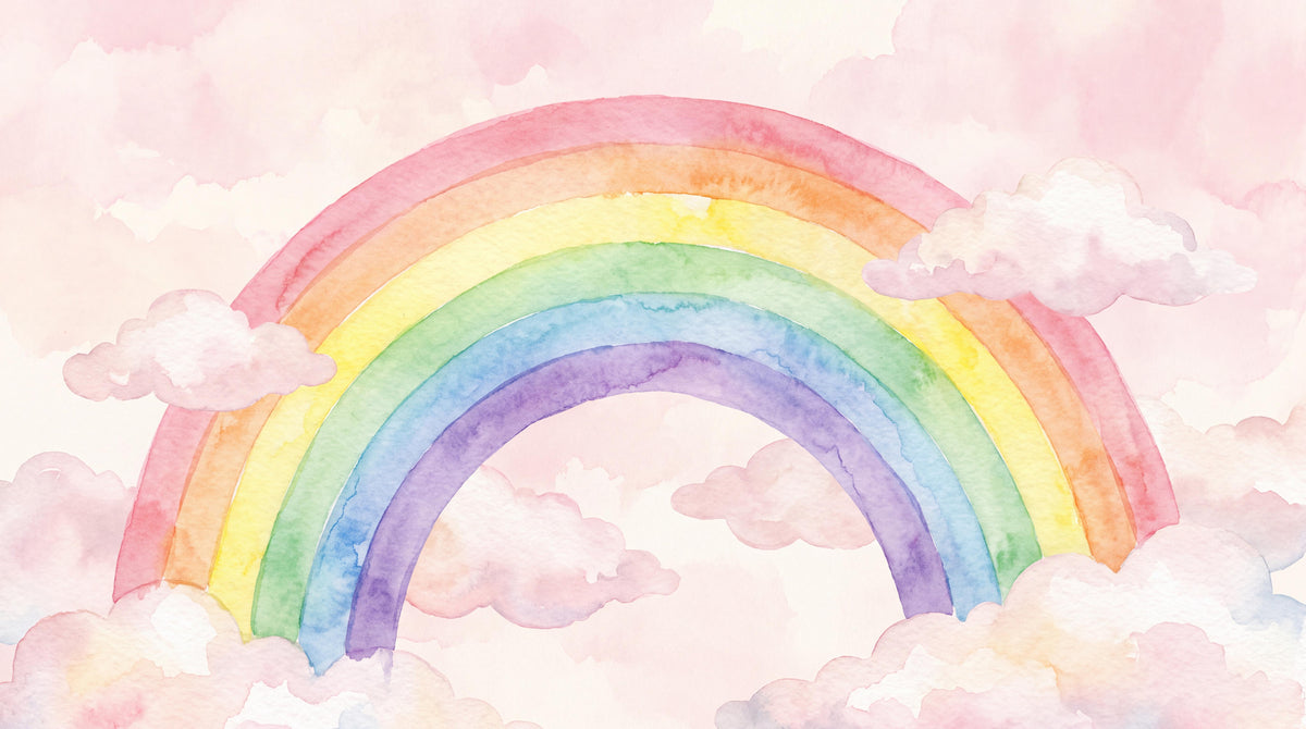 Pink Rainbow and Clouds Watercolor Wallpaper Mural