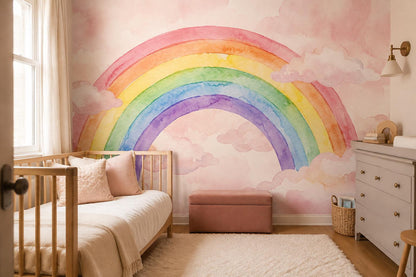 Pink Rainbow and Clouds Watercolor Wallpaper Mural