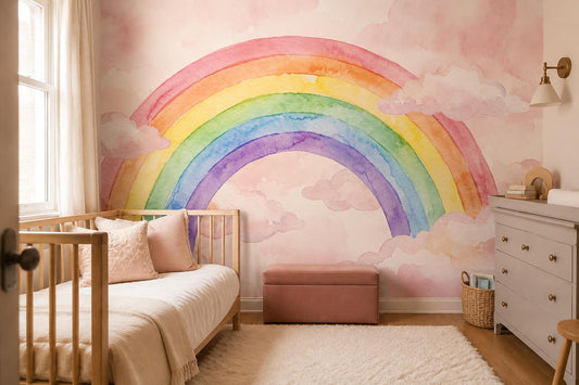 Pink Rainbow and Clouds Watercolor Wallpaper Mural