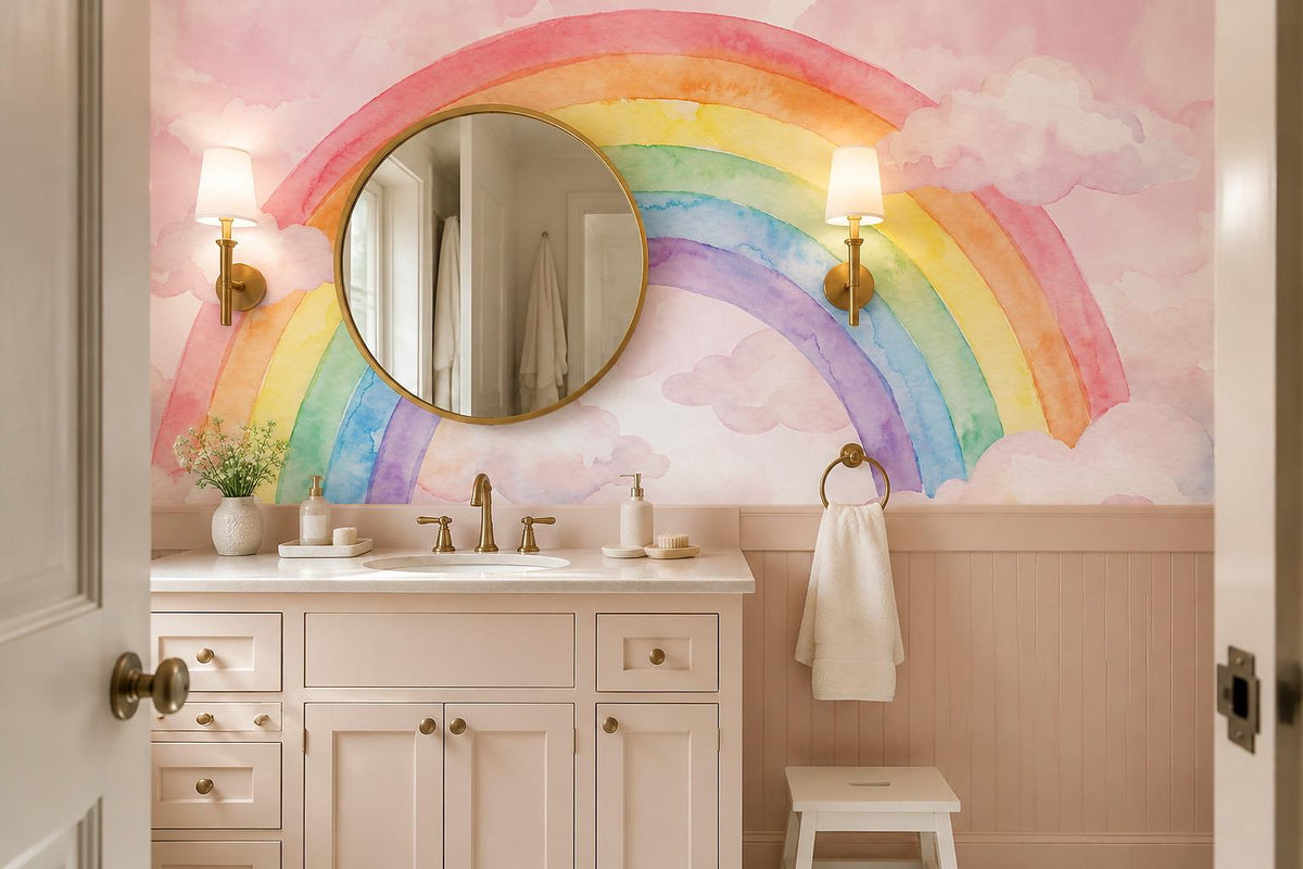 Pink Rainbow and Clouds Watercolor Wallpaper Mural