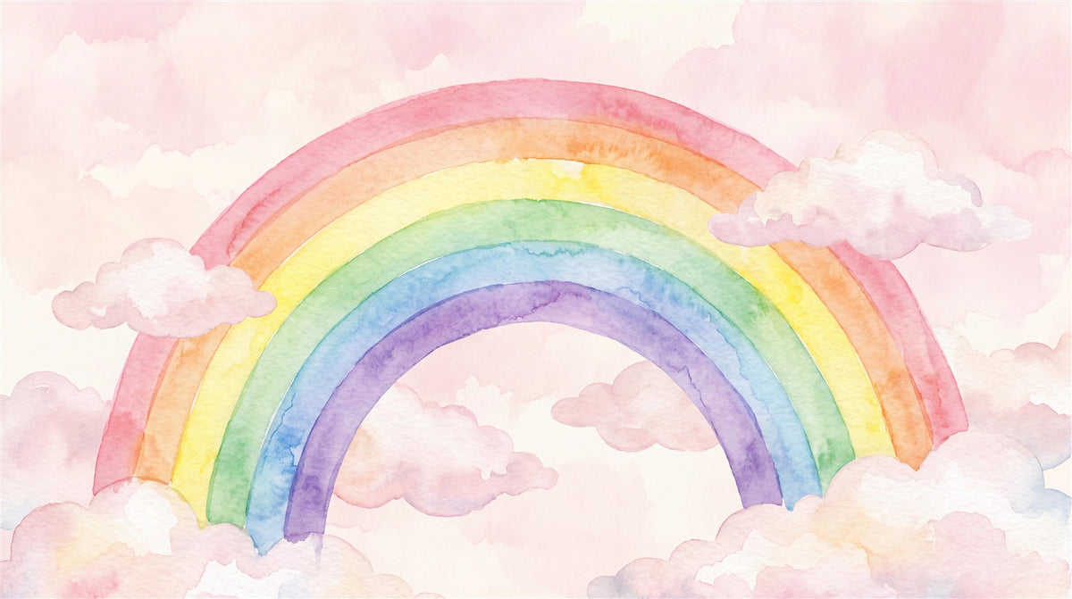 Pink Rainbow and Clouds Watercolor Wallpaper Mural