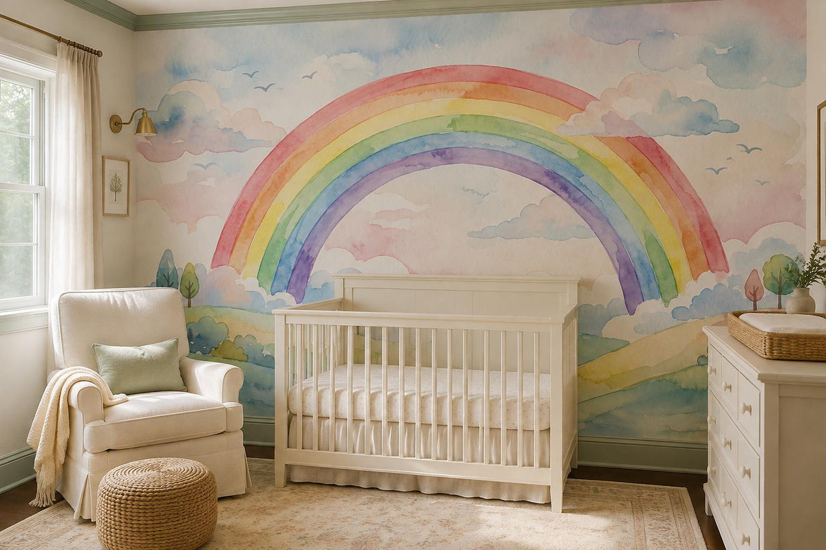 Pastel Rainbow Over Rolling Fields Wallpaper Mural