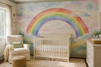 Pastel Rainbow Over Rolling Fields Wallpaper Mural