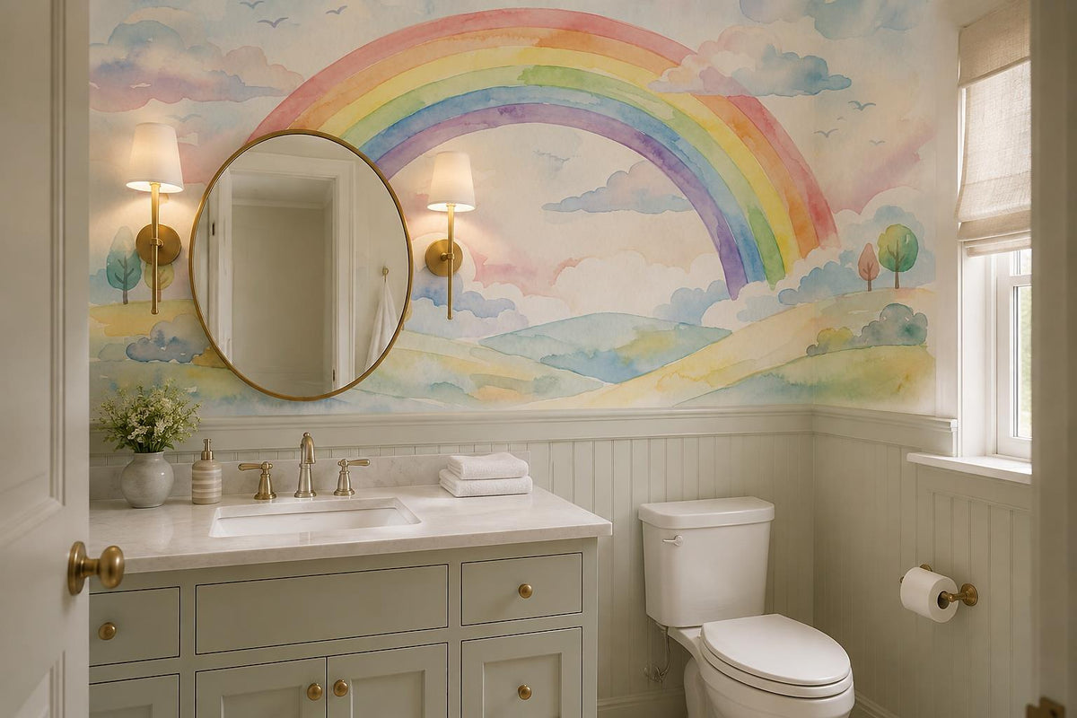 Pastel Rainbow Over Rolling Fields Wallpaper Mural