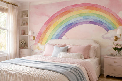 Pink Watercolor Rainbow Clouds Wallpaper Mural
