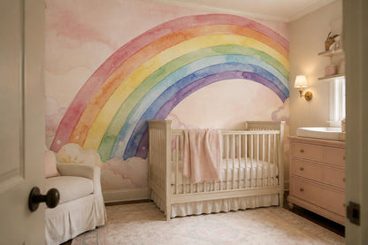 Pink Watercolor Rainbow Clouds Wallpaper Mural