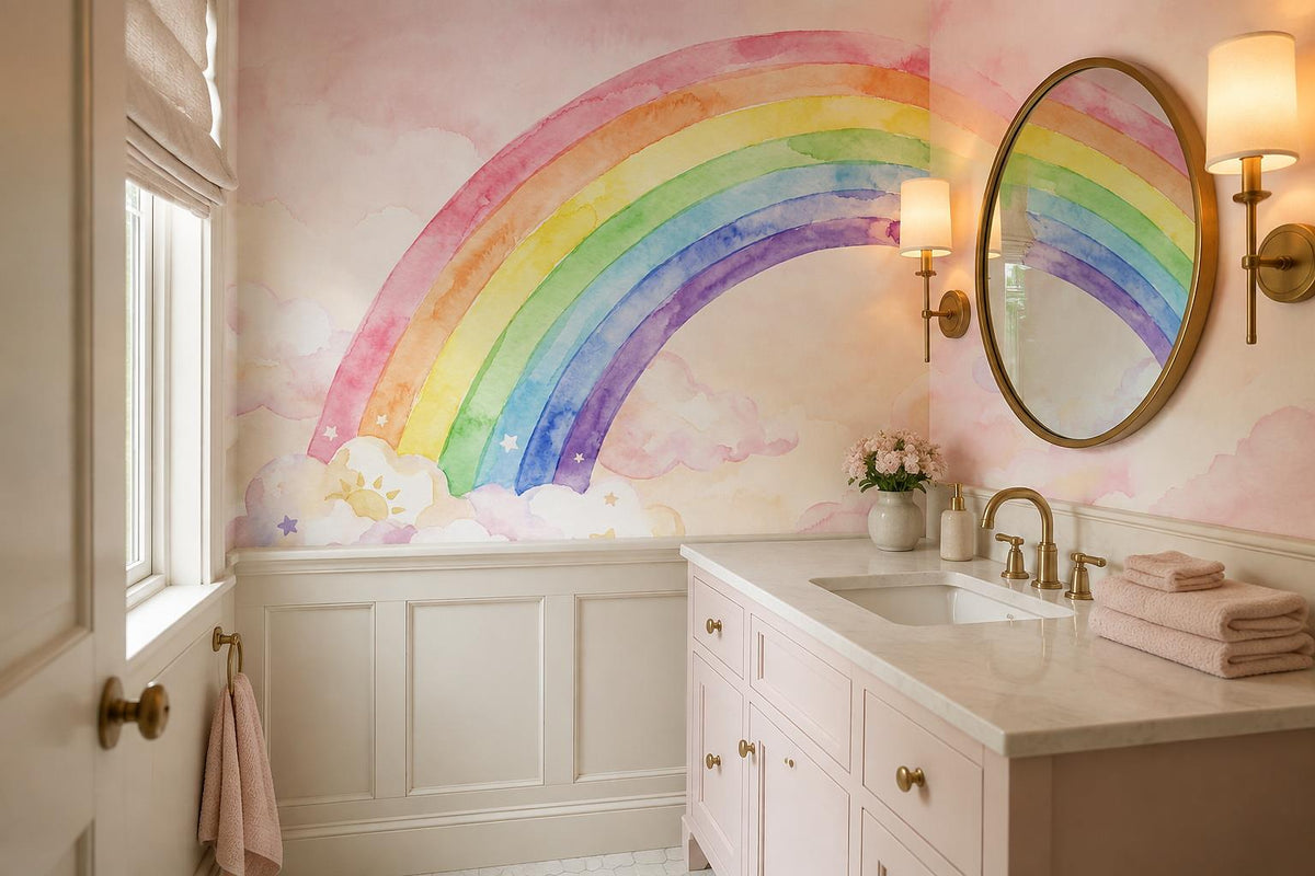 Pink Watercolor Rainbow Clouds Wallpaper Mural
