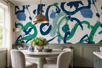Blue Green Gestural Loops Abstract Wallpaper Mural