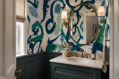 Blue Green Gestural Loops Abstract Wallpaper Mural