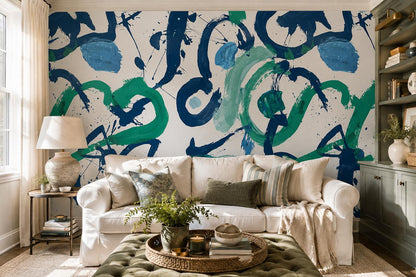 Blue Green Gestural Loops Abstract Wallpaper Mural