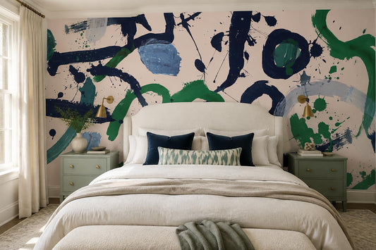 Navy Green Gestural Graffiti Wallpaper Mural