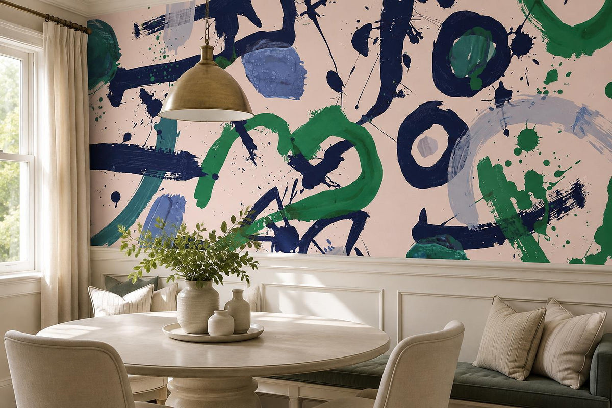 Navy Green Gestural Graffiti Wallpaper Mural